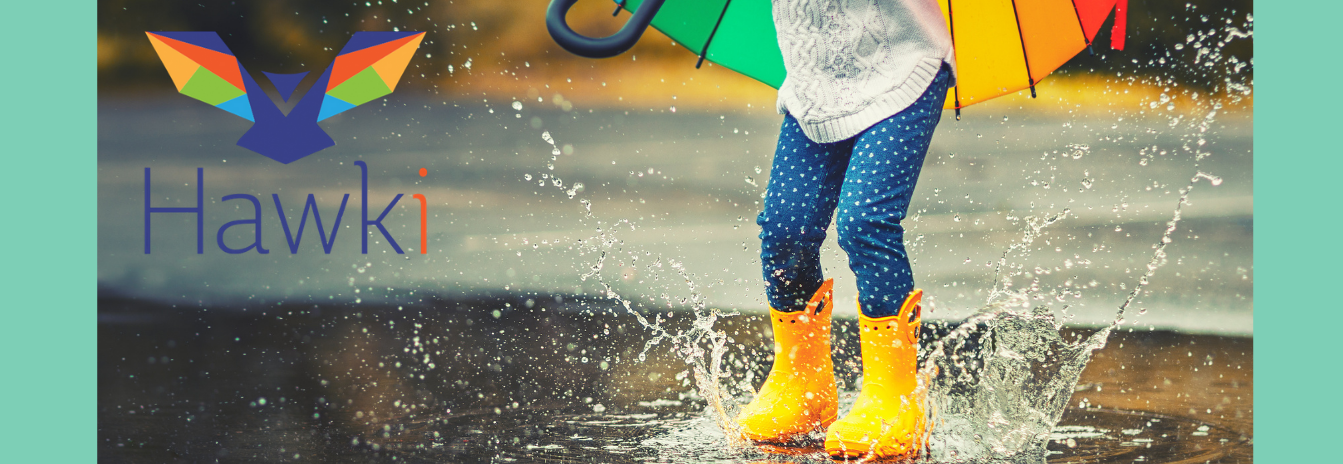 hawk-i logo, happy child spahing in rain