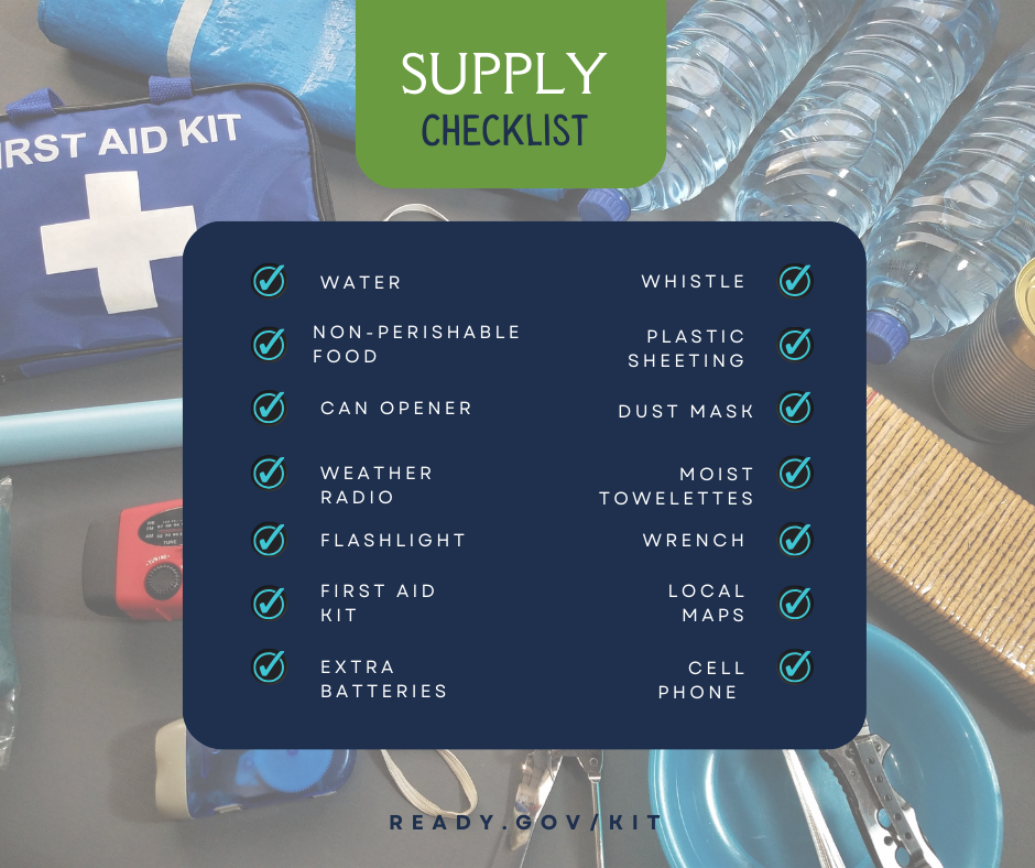 Image of a list of recommended supplies for an emergency supply kit