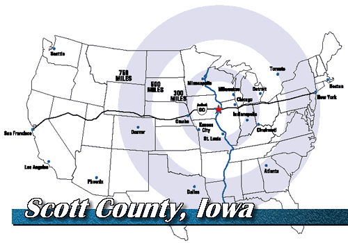 Map of the United States showing the location of Scott County represented by a star.