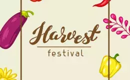 harvest festival sign with pumpkins, and other harvested crops