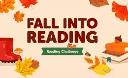 Fall into reading challenge with a stack of books, red boots, and falling autumn leaves.