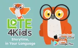 An animated owl with wide-rimmed glasses stands next to the logo for LOTE4Kids.