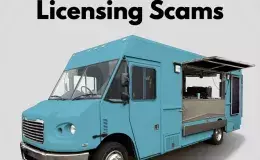 Blue food truck with text that reads "beware of food licensing scams"