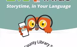 LOTE4Kids logo featuring owl and library logo with words story time, in your language