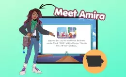A brown-skinned young woman pointing to a computer screen with text that says Meet Amira.