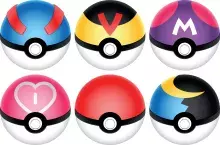 6 pokemon balls of various colors, blue, yellow, purple, pink, red, black