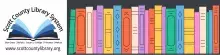 Library logo next to a row of colorful, illustrated books