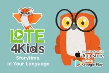 An animated owl with wide-rimmed glasses stands next to the logo for LOTE4Kids.