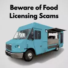 Blue food truck with text that reads "beware of food licensing scams"