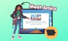 A brown-skinned young woman pointing to a computer screen with text that says Meet Amira.