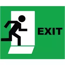 man running out door that says exit