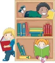 3 kids reading on or near a bookshelf full of books