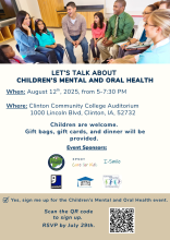 A group of adults and children sit in a circle talking. Text reads let's talk about children's mental and oral health.