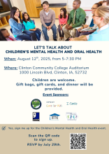 A group of adults and children sit in a circle talking. Text reads let's talk about children's mental health and oral health.