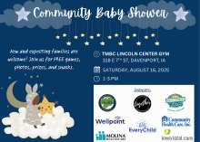 Flyer for Community Baby Shower, TMBC Lincoln Center Gym, Saturday, August 16, 2025 from 1-3 PM