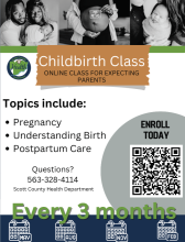Images of parents and a baby, a pregnant belly, and a newborn with a description of the childbirth class services