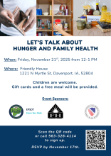 Flyer detailing Let's Talk About Hunger and Family Health Event Information