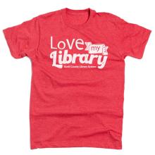 This is a tshirt that says love my library and Scott County Library System