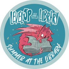 A red dragon reading a book, with a teal background