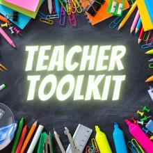 Notebooks, pencils, paper clips, and other school supplies form the border of a chalkboard, with Teacher Toolkit written on it.