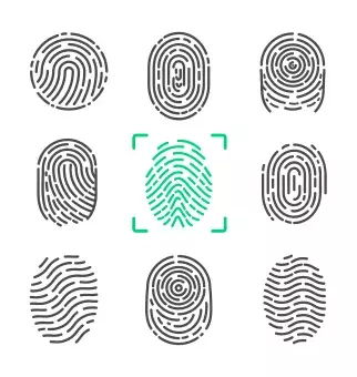 9 fingerprints, 1 in green, 8 in black