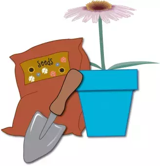 seed bag with flower pot and shovel