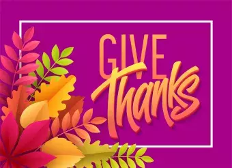 sign that says give thanks. leaves and purple background
