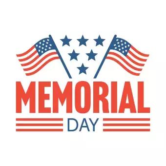 the words memorial day with 2 USA flags and 5 blue stars