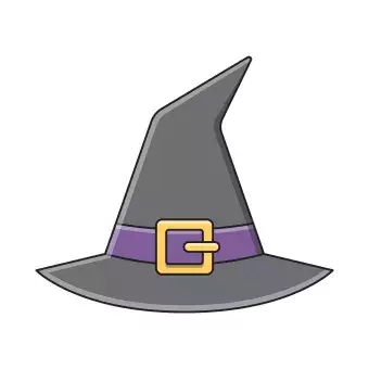 black witches hat with pointy top and purple belt