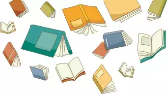 different colored books falling from the sky
