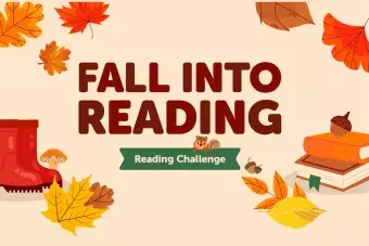 Fall into reading challenge with a stack of books, red boots, and falling autumn leaves.