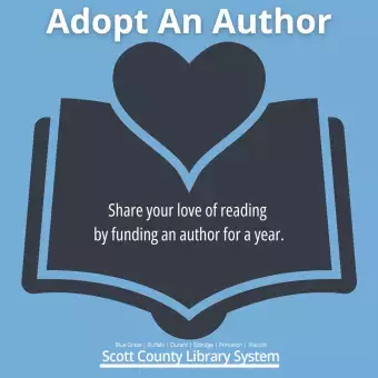 This says Adopt an Author and has a heart coming out of a book. 