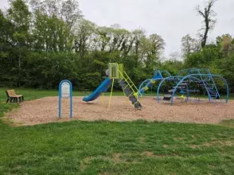 Playground with blue climbing structures, slides, swings, and wood chip ground cover beside a grassy area and trees.
