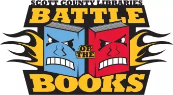 A picture of a blue book and red book boxing, surrounded by the words "Scott County Library Battle of the Books."