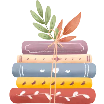 illustration of a stack of books, tied with a ribbon
