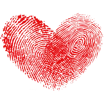 Two red fingerprints layered to make a heart shape