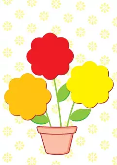 3 flowers, orange, red and yellow in a tan pot