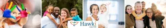 Four pictures of kids, teens, and families with the Hawki logo in the middle.