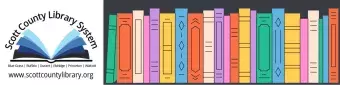 Library logo next to a row of colorful, illustrated books