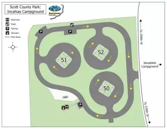 Map of Incahias Campground at Scott County Park showing three circular, four-unit group campsites labeled 50, 51, and 52 connected by a one-way loop road. Restrooms, showers, parking areas, a campground host site, and nearby roads to 270th and 290th Streets are indicated.