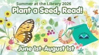 Text "Plant a Seed, Read!" on an illustrated garden background with butterflies, bugs, and books.
