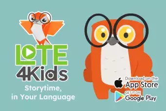An animated owl with wide-rimmed glasses stands next to the logo for LOTE4Kids.