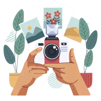 Illustration of hands holding a camera, with plants and photos in the background