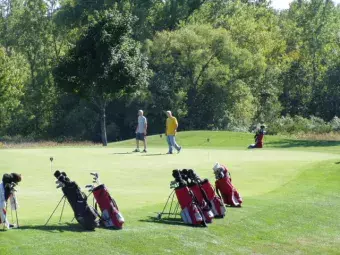 Golf bags and golfers.