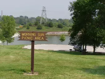 This the Morning Sun picnic area with the lake in the background.