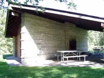 Shelter fireplace at Sac-Fox Campground.