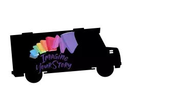 Black bus with colorful books and the phrase "Imagine Your Story"