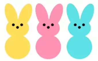 3 peep bunnies, yellow pink and blue