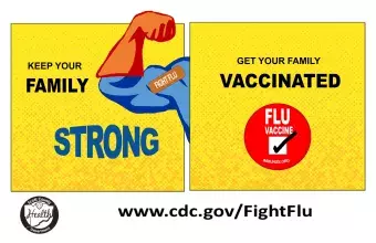 Keep your family strong, get your family vaccinated poster with superhero arm with bandaid from vaccine