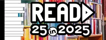 colorful book spines with Read 25 in 2025 written in white bubble letters on top